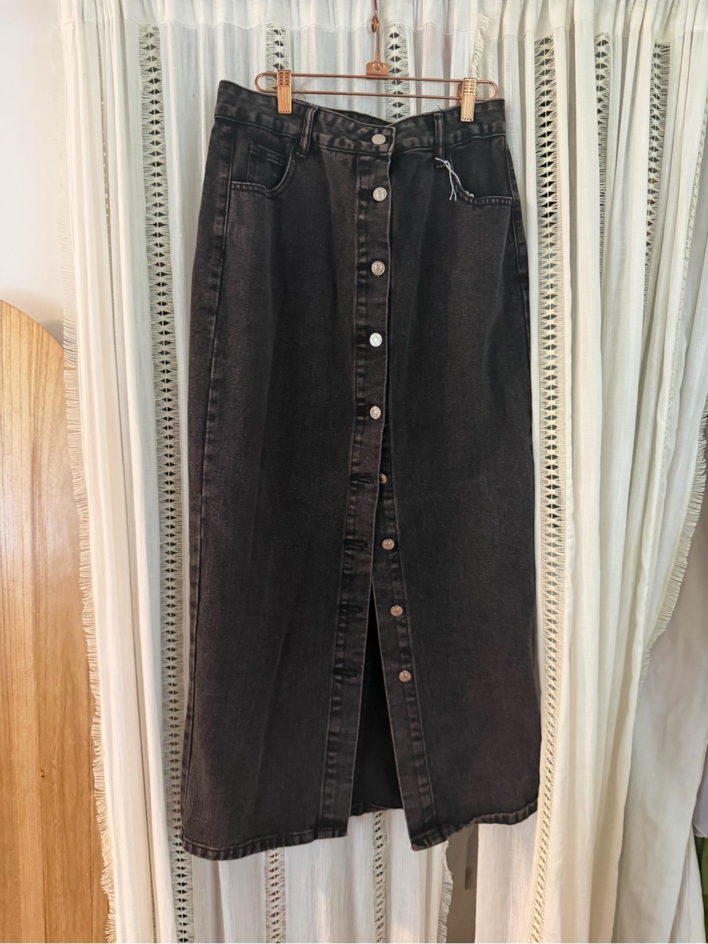 High-Rise Black Button-Front Denim Maxi Skirt